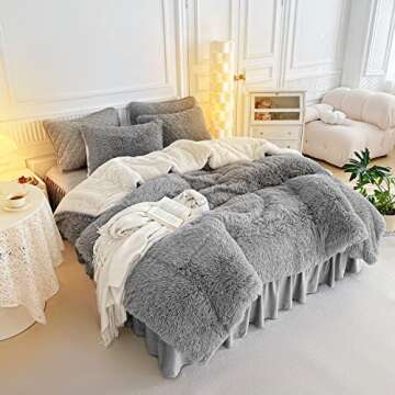 Gray Faux Fur Comforter Set Full/Queen 3 Pieces - 1 Shaggy Comforter 90x90 and 2 Fur Pillowcases, Ul...