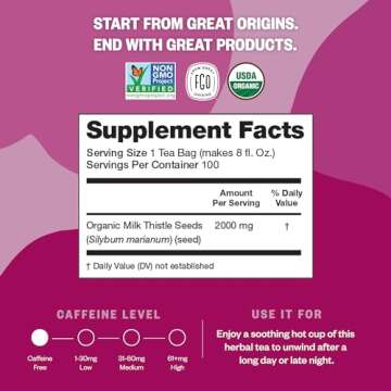 FGO Organic Milk Thistle Tea, 100 Count, Eco-Conscious Herbal Tea Bags, Resealable Bag, Caffeine Free, Packaging May Vary (Pack of 1)