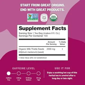 FGO Organic Milk Thistle Tea, 100 Count, Eco-Conscious Herbal Tea Bags, Resealable Bag, Caffeine Free, Packaging May Vary (Pack of 1)