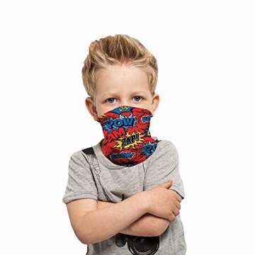 LOZACHE 2pcs Kids Size Face Bandana Masks for Boys Girls Adjustable Beathable Cooling Neck Gaiters Face Covering Bandana UV Protection Childrens Headband (Boom 01)