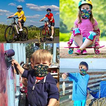 LOZACHE 2pcs Kids Size Face Bandana Masks for Boys Girls Adjustable Beathable Cooling Neck Gaiters Face Covering Bandana UV Protection Childrens Headband (Boom 01)