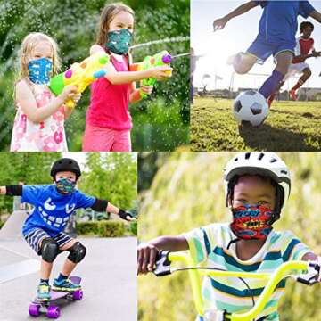 LOZACHE 2pcs Kids Size Face Bandana Masks for Boys Girls Adjustable Beathable Cooling Neck Gaiters Face Covering Bandana UV Protection Childrens Headband (Boom 01)