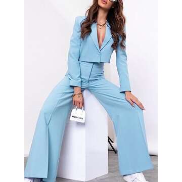 Women's 2024 Casual 2 Piece Outfits Cropped Blazer Jackets Wide Leg Pants Set Stylish Office Lady Suit