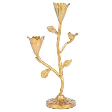 Creative Co-Op Hand-Forged Cast Iron Candelabra with Flowers and Bird, Holds 2 Tapers, Gold