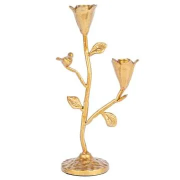 Creative Co-Op Hand-Forged Cast Iron Candelabra with Flowers and Bird, Holds 2 Tapers, Gold