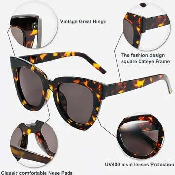 Women Lady Retro Cat Eye Sunglasses Designer Square Frame Eyeglass Shades UV Protection (Tortoiseshell+Grey)