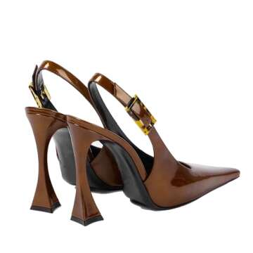 THESHY Womens Patent Slingback Pumps Pointed Toe Stiletto High Heels Backless Slip-on Buckle Pump Fashion Dress Shoes for Women Brown