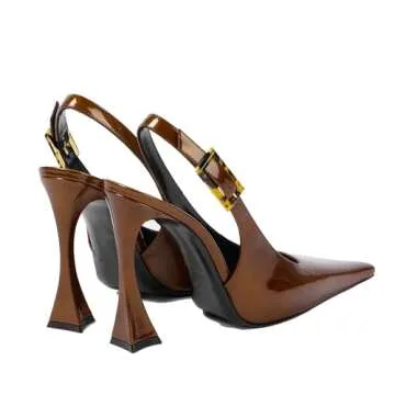 THESHY Womens Patent Slingback Pumps Pointed Toe Stiletto High Heels Backless Slip-on Buckle Pump Fashion Dress Shoes for Women Brown
