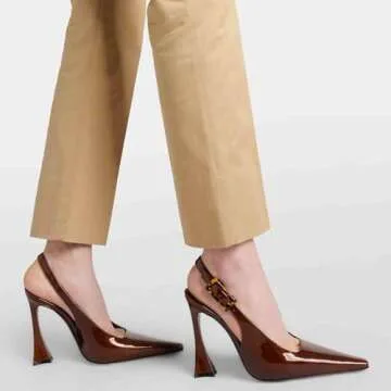 THESHY Womens Patent Slingback Pumps Pointed Toe Stiletto High Heels Backless Slip-on Buckle Pump Fashion Dress Shoes for Women Brown