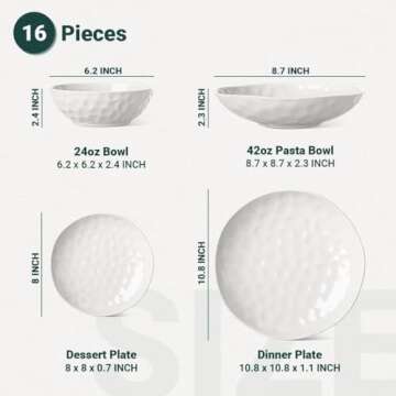 HOMBENE Large Dinnerware Set 16 Piece Service for 4, Plates and Bowls Sets, High-fired at 2372°F, f...