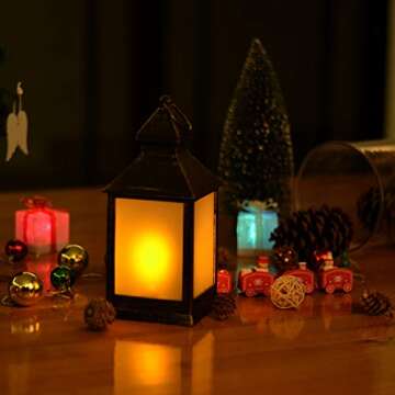 11" Vintage Style Decorative Lantern,Flame Effect LED Lantern,(Golden Brushed Black,4 Hours Timer) I...