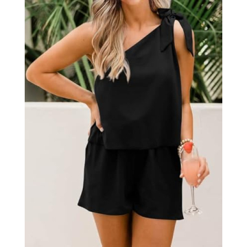 PRETTYGARDEN Women's Summer Jumpsuits Boho One Shoulder Romper