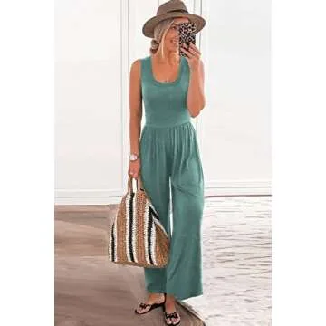 PRETTYGARDEN Women’s Summer Sleeveless Tank Jumpsuits High Waist Low Cut Casual Scoop Neck Fit And Flare Long Pants Rompers (Grey Green,Large)