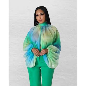 Stylish Mock Neck Sheer Chiffon Batwing Blouse for Women