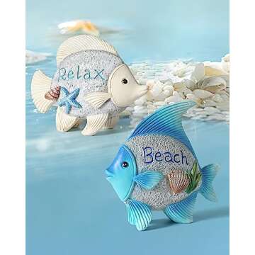 iStatue 2-Pack Resin Fish Figurines with Beach and Relax Themes - 4.4'' Cute Coastal Nautical Tablet...