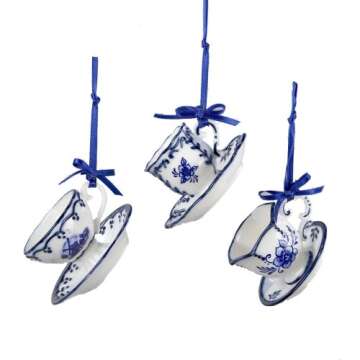 Kurt Adler Delft Blue Cup and Saucer Ornament Set of 3