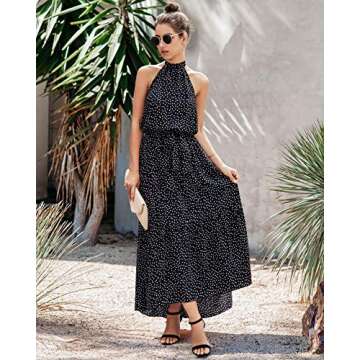 PRETTYGARDEN Women’s Casual Halter Neck Sleeveless Floral Long Maxi Dress Backless Loose Ruffle Su...