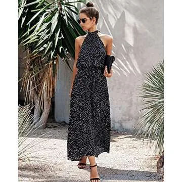 PRETTYGARDEN Women’s Casual Halter Neck Sleeveless Floral Long Maxi Dress Backless Loose Ruffle Sundress with Belt (Black,Medium)