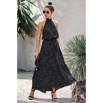 PRETTYGARDEN Women’s Casual Halter Neck Sleeveless Floral Long Maxi Dress Backless Loose Ruffle Sundress with Belt (Black,Medium)