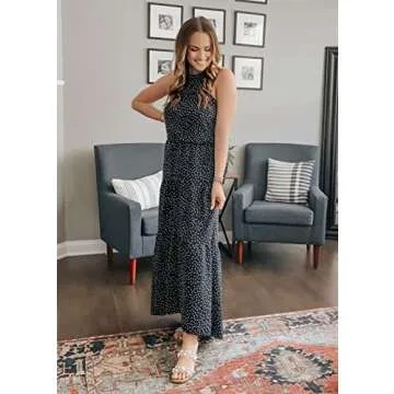 PRETTYGARDEN Women’s Casual Halter Neck Sleeveless Floral Long Maxi Dress Backless Loose Ruffle Sundress with Belt (Black,Medium)