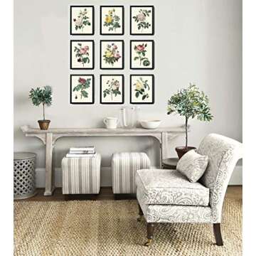 LoveThePrint Beautfiul Shabby Chic Roses Botanical Wall Art Home Decor Print Set of 9 Antique French English Garden Pink Yellow White Nature Large Size Interior Design Floral Gallery Giclee Unframed