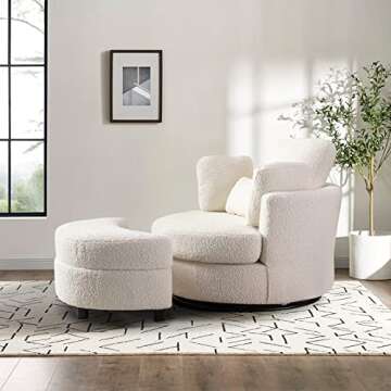Chair and A Half with Ottoman, 360° Swivel Accent Barrel Chair Modern Comfy Round Reading Sofa Swivel Chairs Circle Lounge Chair for Bedroom Living Room w/4 Pillow Lower Seating Heigh (White, Large)