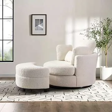 Chair and A Half with Ottoman, 360° Swivel Accent Barrel Chair Modern Comfy Round Reading Sofa Swivel Chairs Circle Lounge Chair for Bedroom Living Room w/4 Pillow Lower Seating Heigh (White, Large)