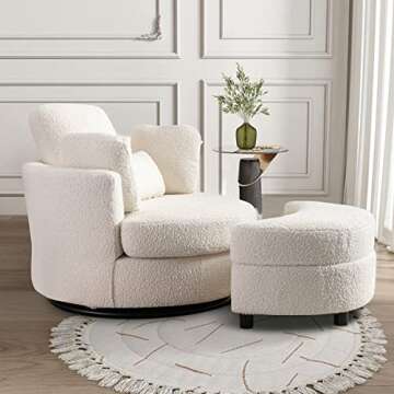 Chair and A Half with Ottoman, 360° Swivel Accent Barrel Chair Modern Comfy Round Reading Sofa Swivel Chairs Circle Lounge Chair for Bedroom Living Room w/4 Pillow Lower Seating Heigh (White, Large)