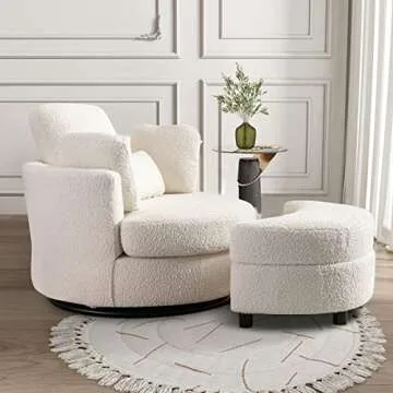 Chair and A Half with Ottoman, 360° Swivel Accent Barrel Chair Modern Comfy Round Reading Sofa Swivel Chairs Circle Lounge Chair for Bedroom Living Room w/4 Pillow Lower Seating Heigh (White, Large)