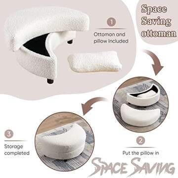 Chair and A Half with Ottoman, 360° Swivel Accent Barrel Chair Modern Comfy Round Reading Sofa Swivel Chairs Circle Lounge Chair for Bedroom Living Room w/4 Pillow Lower Seating Heigh (White, Large)