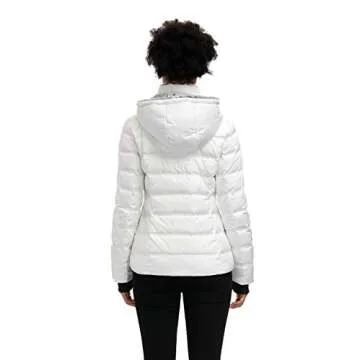 SLOW DOWN Women Down Puffer Jacket with Hood Hooded Winter Down Puffer Coat for Women with Faux-Fur Hood & Collar(White, L)
