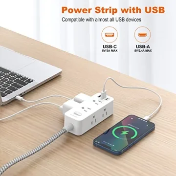 Power Strip with 6 Outlets & USB, 5Ft Cord