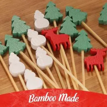 BambooMN - Christmas Holiday Bamboo Party Picks Skewers for Fruit Sandwiches Cocktails - 5.9" (15cm) - Pinetree, Reindeer, Snowman - 100pcs