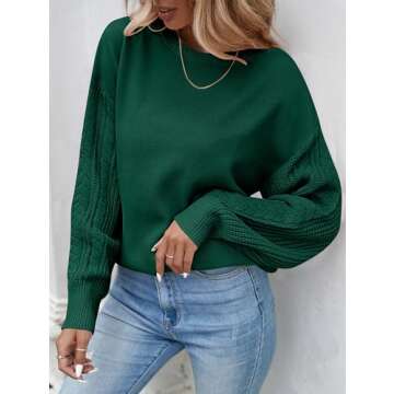 ZESICA Women's Fall Long Sleeve Crew Neck Solid Color Cable Knit Chunky Casual Oversized Pullover Sweater Tops,ForestGreen,Small