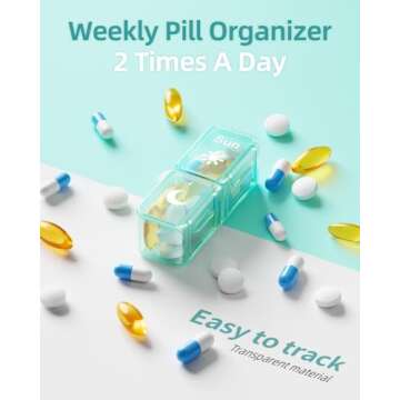 AM PM Pill Organizer 2 Times A Day, 7 Day Pill Box Weekly Pill Organizer Travel with Separate Container, Portable Daily Medicine Planner Dispenser Case for Vitamin, Fish Oils, Supplements（Green）