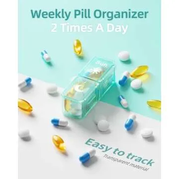 AM PM Pill Organizer 2 Times A Day, 7 Day Pill Box Weekly Pill Organizer Travel with Separate Container, Portable Daily Medicine Planner Dispenser Case for Vitamin, Fish Oils, Supplements（Green）