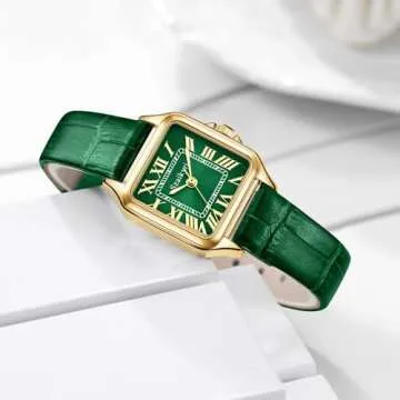 Szaikyri Classic Square Watches for Women with Roman Numerals Ladies Casual Dress Watch (Green-Gold)