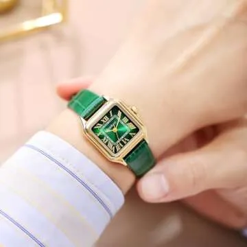 Szaikyri Classic Square Watches for Women with Roman Numerals Ladies Casual Dress Watch (Green-Gold)