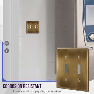 ENERLITES Double Toggle Light Switch Metal Cover Plate, Stainless Steel Wall Plate, Corrosion Resistant, Standard Size 2-Gang 4.50" x 4.57", Stainless Steel 201, 7712-AB, Antique Brass (Pack of 1)