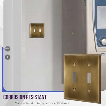 ENERLITES Double Toggle Light Switch Metal Cover Plate, Stainless Steel Wall Plate, Corrosion Resistant, Standard Size 2-Gang 4.50" x 4.57", Stainless Steel 201, 7712-AB, Antique Brass (Pack of 1)