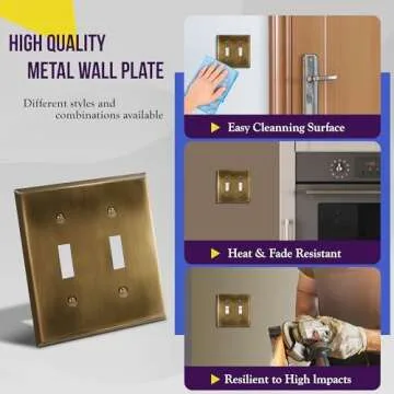 ENERLITES Double Toggle Light Switch Metal Cover Plate, Stainless Steel Wall Plate, Corrosion Resistant, Standard Size 2-Gang 4.50" x 4.57", Stainless Steel 201, 7712-AB, Antique Brass (Pack of 1)