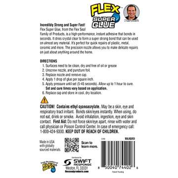 Flex Super Glue Liquid, (2) 3 Gram Tubes, 1-Pack, Clear, Instant Bond, Quick Dry, Cyanoacrylate Adhesive, Precision Tip for Wood, Metal, Plastic, Crafts, Ceramic, and Toy Repairs