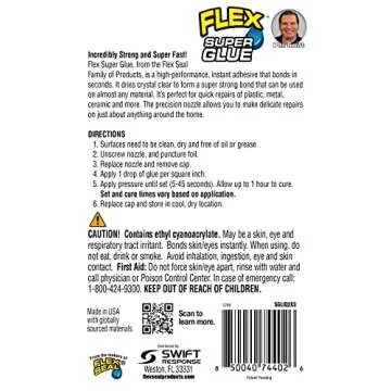 Flex Super Glue Liquid, (2) 3 Gram Tubes, 1-Pack, Clear, Instant Bond, Quick Dry, Cyanoacrylate Adhesive, Precision Tip for Wood, Metal, Plastic, Crafts, Ceramic, and Toy Repairs