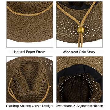 Muryobao Womens Summer Straw Hat Wide Brim Outdoor UV Protection Cowboy Sun Hat Foldable Packable Fedora Travel Beach Cap UPF 50+ with Wind Lanyard Brown