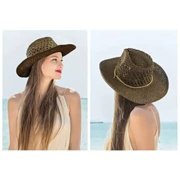 Muryobao Womens Summer Straw Hat Wide Brim Outdoor UV Protection Cowboy Sun Hat Foldable Packable Fedora Travel Beach Cap UPF 50+ with Wind Lanyard Brown
