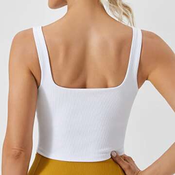 FITTIN Women's Longline Sports Bra - Ribbed Tank Top Built in Bra Workout Camisole Crop Tops - Squar...