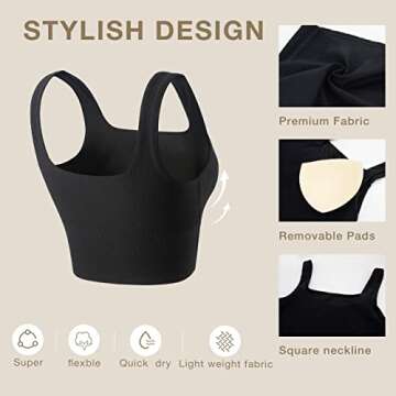 FITTIN Women's Longline Sports Bra - Ribbed Tank Top Built in Bra Workout Camisole Crop Tops - Square Neck Fitness Tank Top