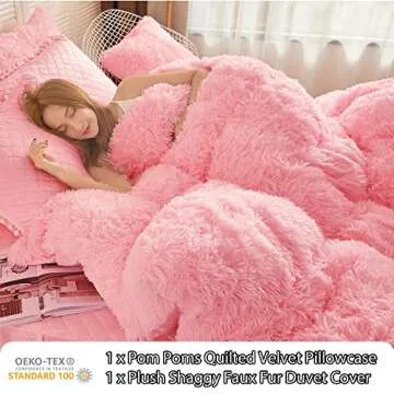 LIFEREVO Luxury Plush Shaggy Duvet Cover Set, Soft Velvet Fluffy Furry Duvet Cover Set(1 Faux Fur Fuzzy Comforter Cover + 1 Pom-poms Pillow Sham) Solid Bedding Set, Zipper Closure(Twin/Twin XL,Pink)