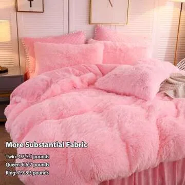 LIFEREVO Luxury Plush Shaggy Duvet Cover Set, Soft Velvet Fluffy Furry Duvet Cover Set(1 Faux Fur Fuzzy Comforter Cover + 1 Pom-poms Pillow Sham) Solid Bedding Set, Zipper Closure(Twin/Twin XL,Pink)