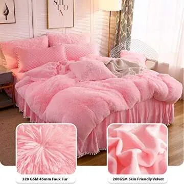 LIFEREVO Luxury Plush Shaggy Duvet Cover Set, Soft Velvet Fluffy Furry Duvet Cover Set(1 Faux Fur Fuzzy Comforter Cover + 1 Pom-poms Pillow Sham) Solid Bedding Set, Zipper Closure(Twin/Twin XL,Pink)